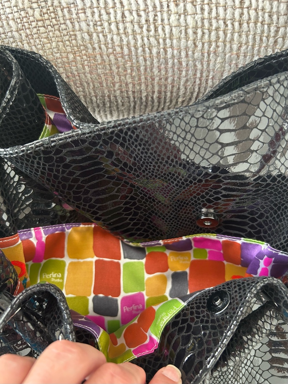 Vintage Y2K Perlina Studio Black Snakeskin Embossed Leather Rope Handle Hobo Bag - Picture 14 of 16
